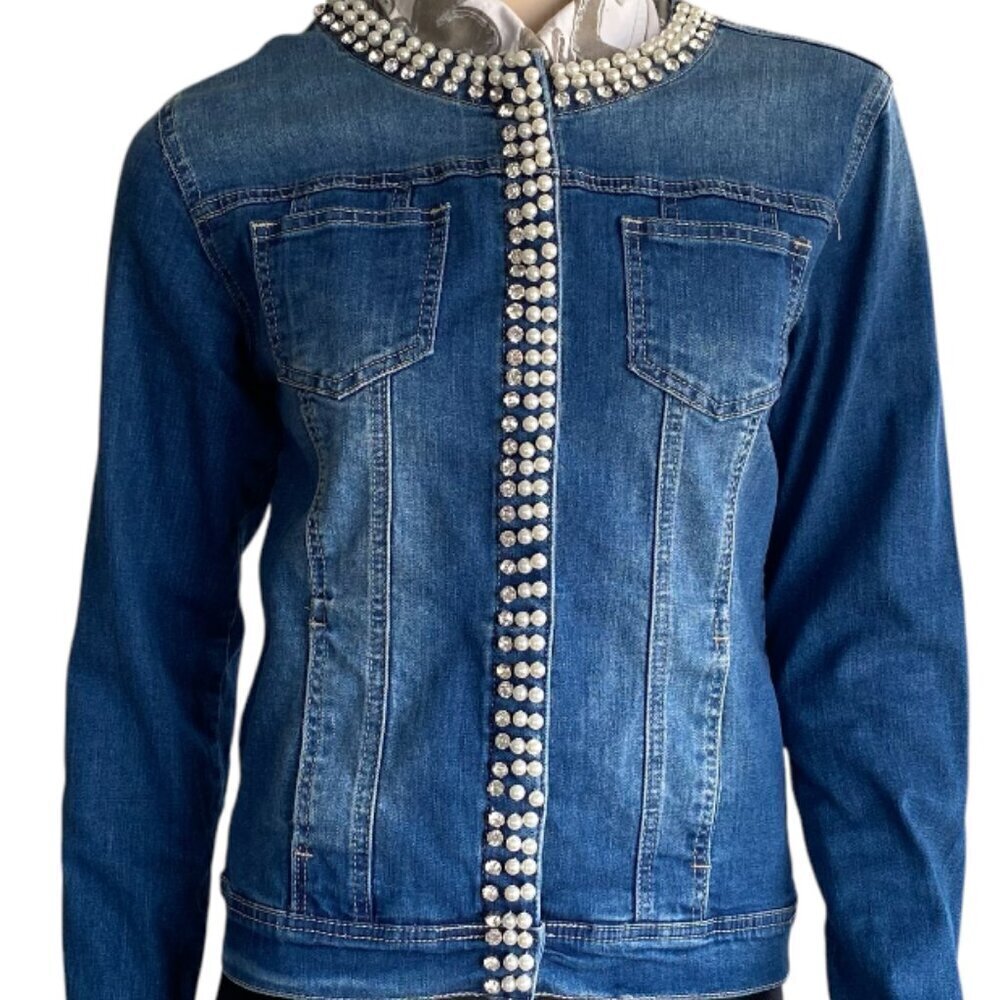 Kate Storm Auston Pearl Crystal Stretch Jean Jacket S 6